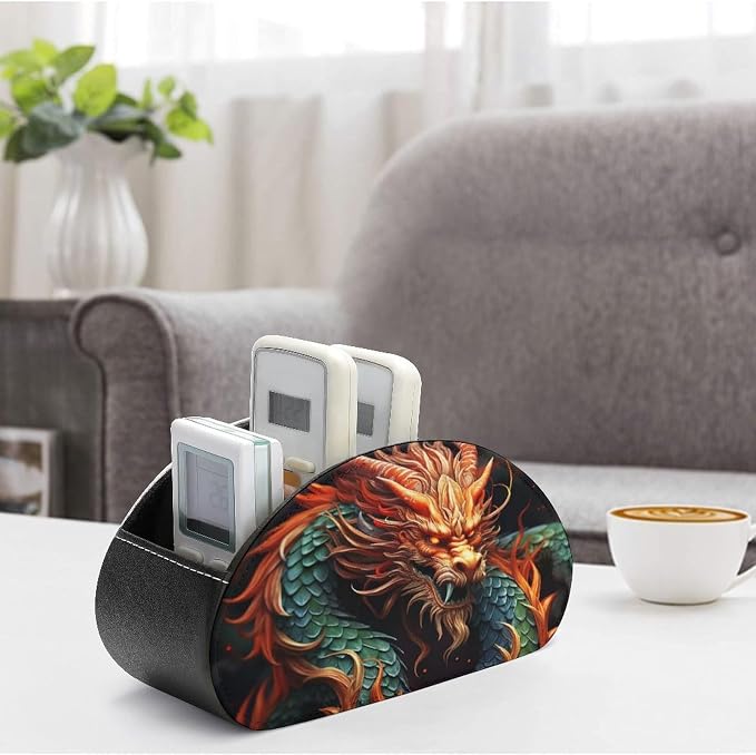 Chinese Dragon TV Remote Control Holder PU Leather Storage Caddy Box 5 Compartments Multi-functional Desktop Organizer Store for Brush Office Supplies Pen Glasses
