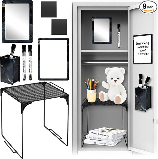 Demonwer 9 Pcs Locker Accessories Kit Black Locker Organizer Magnetic Whiteboard Mirror Pen Holder Pen for Storage Organizing Shelf Back to School Party Supply