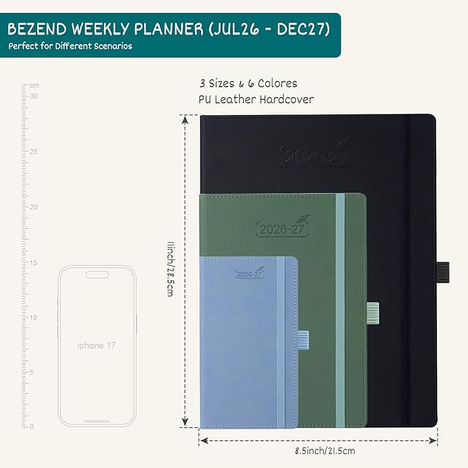 BEZEND Weekly Planner 2026-2027 (8.5" x 11") Horizontal Layout Notebook (Jul 26-Dec 27) 18 Months Academic Calendar & Monthly Tabs, Ideal for Students, Work & Home, PU Leather Hardcover -Blue