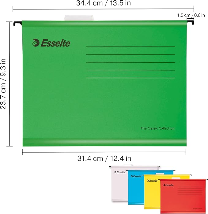Esselte A4 Reinforced Filing Cabinet Suspension File, Pack 15 Made from Strong 100% Recycled Card, with Tabs and Card Inserts, for Home, Office, School Organisation, Assorted Colours