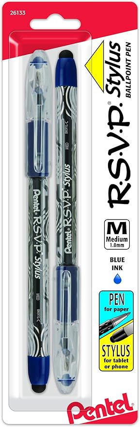Pentel Rsvp Stylus Ballpoint Pen, Medium Line, Blue Ink, Pack of 2 (BK91LBP2C)