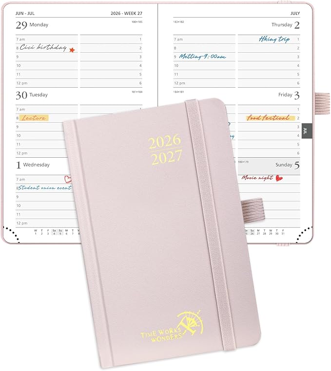 POPRUN 2026-2027 Academic Small Weekly Planner, 4" x 6.25" Purse Size Calendar, July 2026 to June 2027, Hardcover Appointment Book with Horizontal Layout, Hourly Time Slots - Light Pink