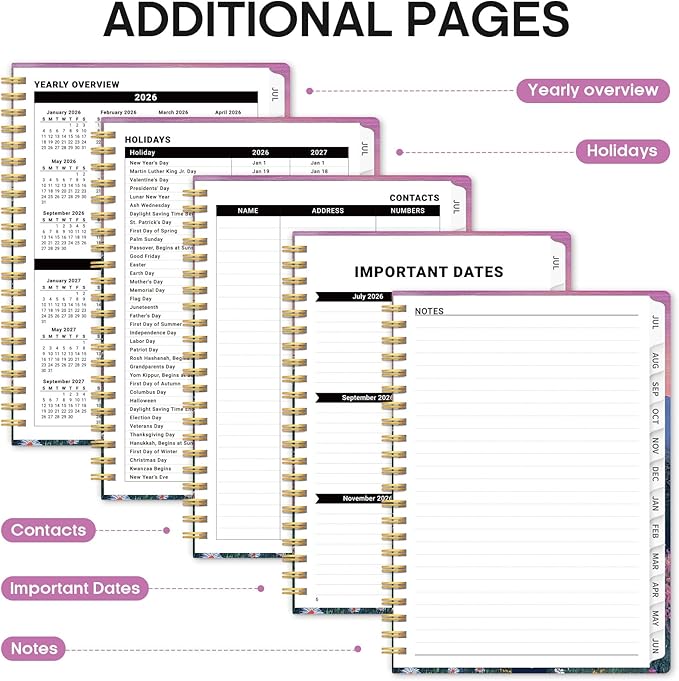 Planner 2026-2027, Academic Year Monthly and Weekly Calendar Planner, Jul 2026 - Jun 2027, Hardcover Teacher Student Planning Agenda book with Tabs, Perfect for School Office Supplies, 6.3" x 8.5" - Twilight Bloom