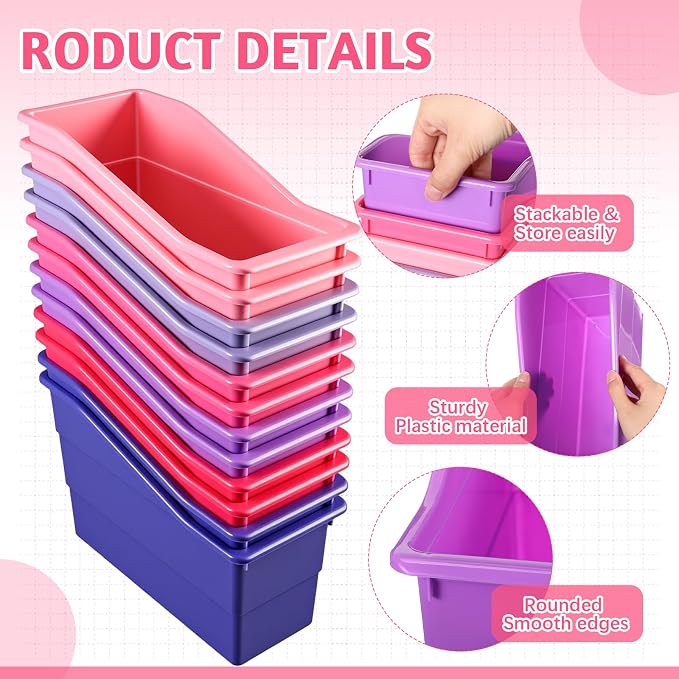 Teling 12 Pcs Book Bins Bulk - Plastic Book Storage Bin with Labels for Classroom Interlocking Magazine Holder Organizer Binder Container Box for School Office Desktop Bookshelf Home (Pink Purple)
