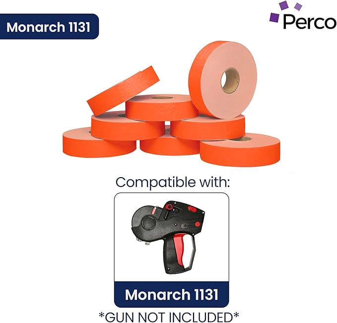 Perco Fluorescent Red Pricing Labels for Monarch 1131 Price Gun – 8 Sleeves, 64 Rolls Value Pack - 160,000 Price Marking Labels – with Ink Rolls Included