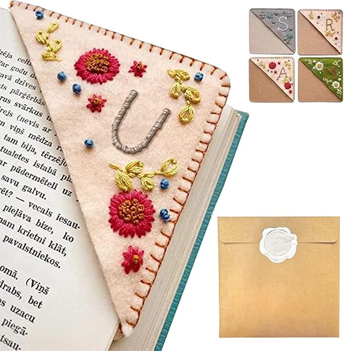Personalized Hand Embroidered Corner Bookmark, 26 Letters Hand Stitched Felt Corner Letter Bookmark, Cute Flower Embroidery Bookmarks for Book Reading Lovers Meaningful Gift (Fall，U