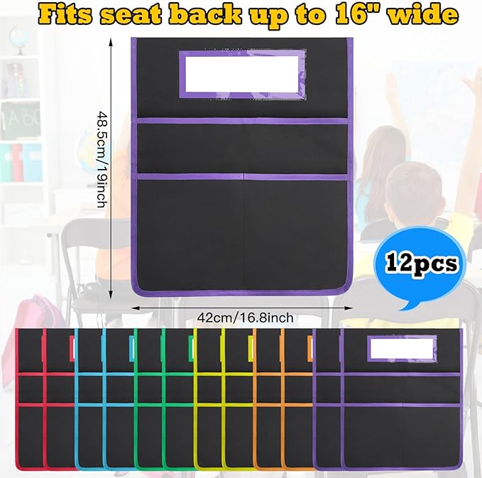 12 Pack Black Chair Pockets for Classrooms, Chair Pocket with 3 Heavy Duty Storage Pocket, Chair Back Buddy Pocket with Name Tag Slot, Ideal Back to School Supplies, Classroom Must Haves (Multicolor)