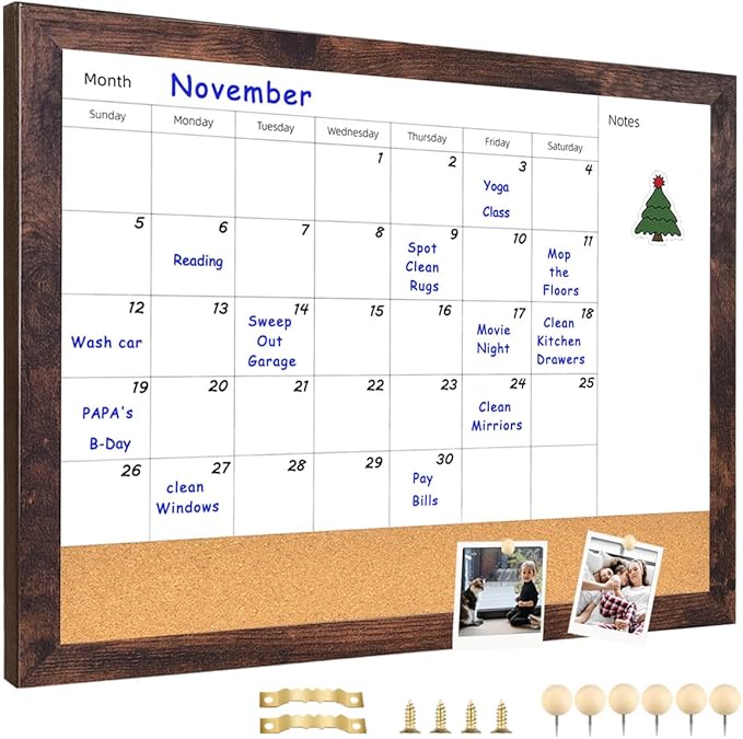 Monthly Calendar Dry Erase White Board & Cork Bulletin Board，13" x 17" Brown Wood Frame，Magnetic Surface Whiteboard.Perfect for Organizing Your Space.Whiteboard+Cork-3343B-BN
