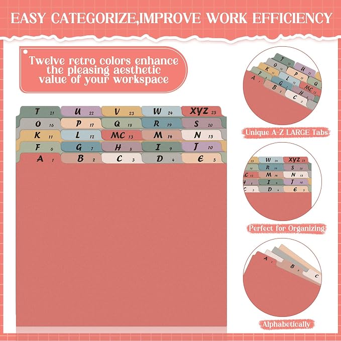 1 Set 25 Pack Alphabet File Dividers Letter Size, 1/5 Cut Tab A-z File Guides Number Folder Organizer for Filing Cabinet and Desk Home Office School(Retro Color)