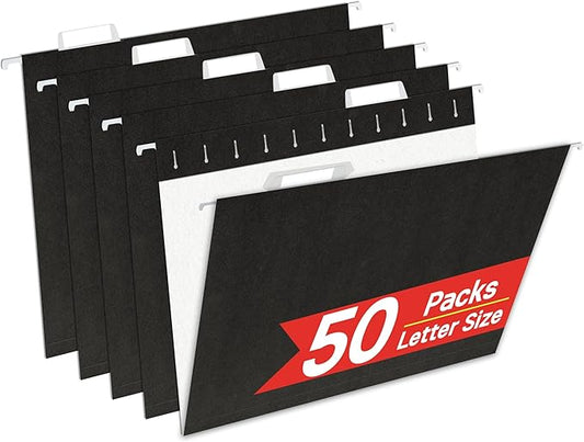 VZCPYTPM 50 Pack Hanging File Folders,Letter Size 8.5x11 Inch,Black Hanging Folders for Filing Cabinet,Reinforced Rods for Smooth Gliding,1/5 Adjustable Tabs & Inserts,Ideal for Home,Office & School