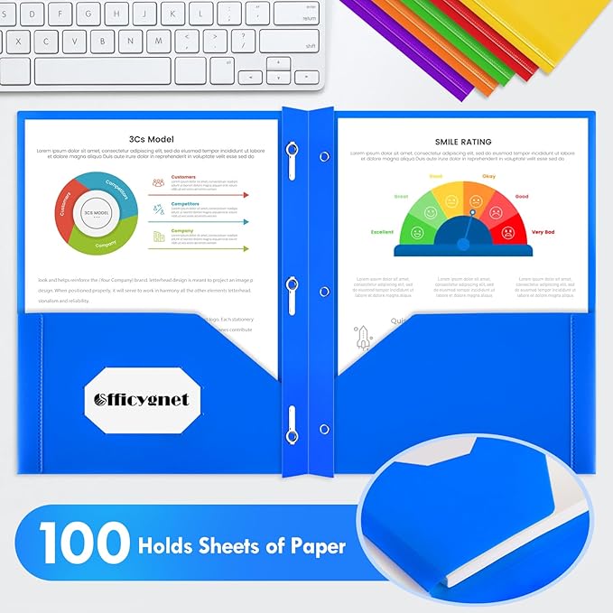 Officygnet 48 Pack Plastic Folders with Pockets and Prongs, Bulk 2 Pocket Folders with Brads and Clear Front, Multicolor Heavy Duty Plastic Folder for Office School Supplies, Letter Size Paper