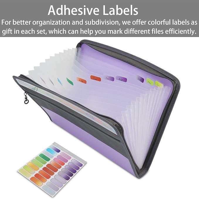 NAFY Accordion File Organizer, 13 Pockets Expanding File Folder with Zipper, A4 Letter Size Portable Accordion Expanding File Folders with 27pcs Colour Labels for Home Office School Supplies (Lilac)