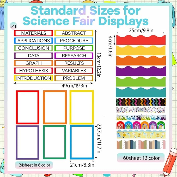 Science Fair Board Supplies 98 Pcs Includes 24 Presentation Boards 60 Trim Scalloped Bulletin Borders 8 Science Fair Titles 5 Letter Stickers 1 Double-Sided Tape for Scientific Display (Multicolor)