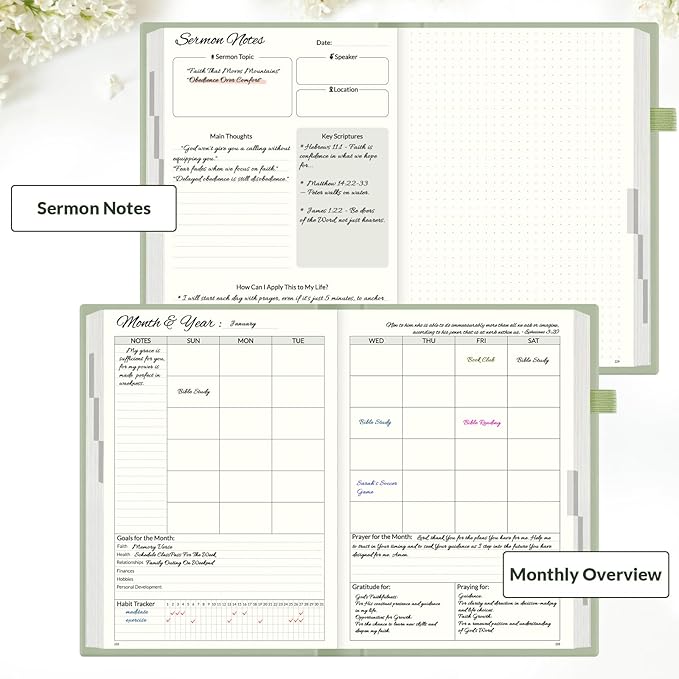 SUNEE Christian Bible Study & Prayer Journal – Undated 6-Month Scripture Notebook for Daily Devotional & Faith Growth, Meaningful Religious Gift for Women, Men, Pastor or Graduation (Grey Green)