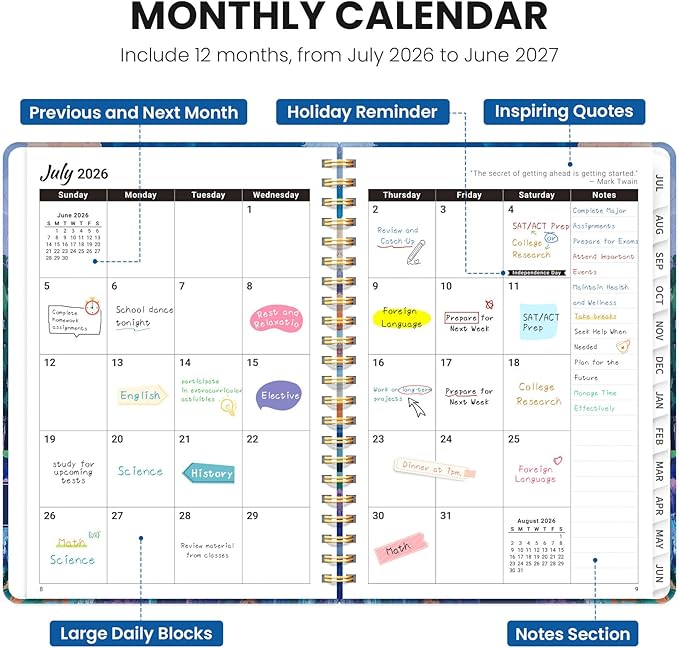 2026–2027 Academic Planner, Weekly and Monthly Planner for Women, July 2026 - June 2027, Pretty Hardcover 2026–2027 Academic Planner with Tabs, Inner Pocket, Spiral Bound, Perfect Office Home School Supplies - 6.3" x 8.5", Lavender Glow