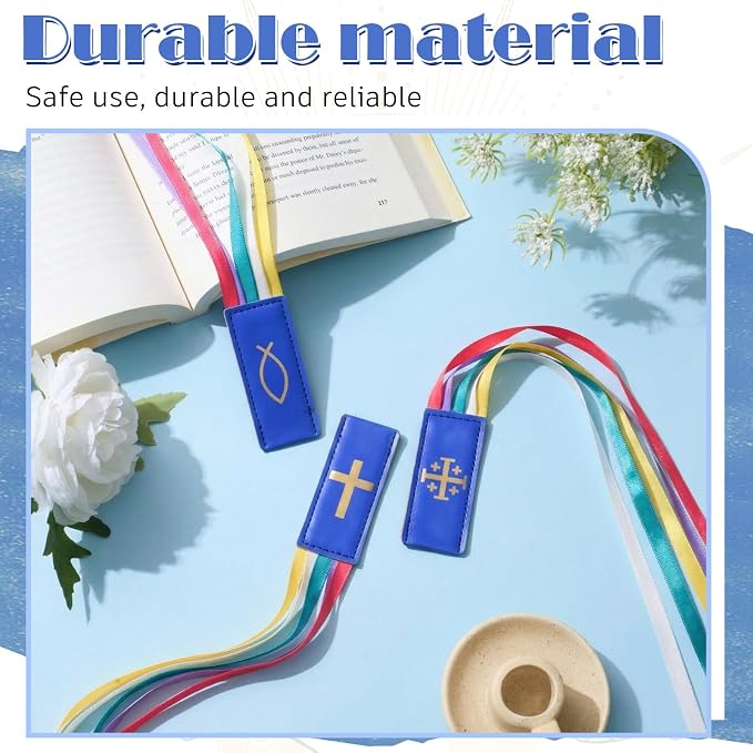 Outus 3 Pieces Bible Ribbon Bookmark Markers Artificial Leather Bookmark with Ribbons for Books Office (Solemn,Blue)