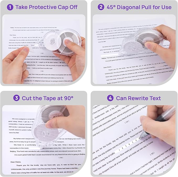 4 Pcs Long-Lasting Correction Tape, 98.43 Ft White Wrong Out Tear-Resistant Bulk, Instant Corrections Easy To Use Applicator for School, Office, Note Taking, Journal