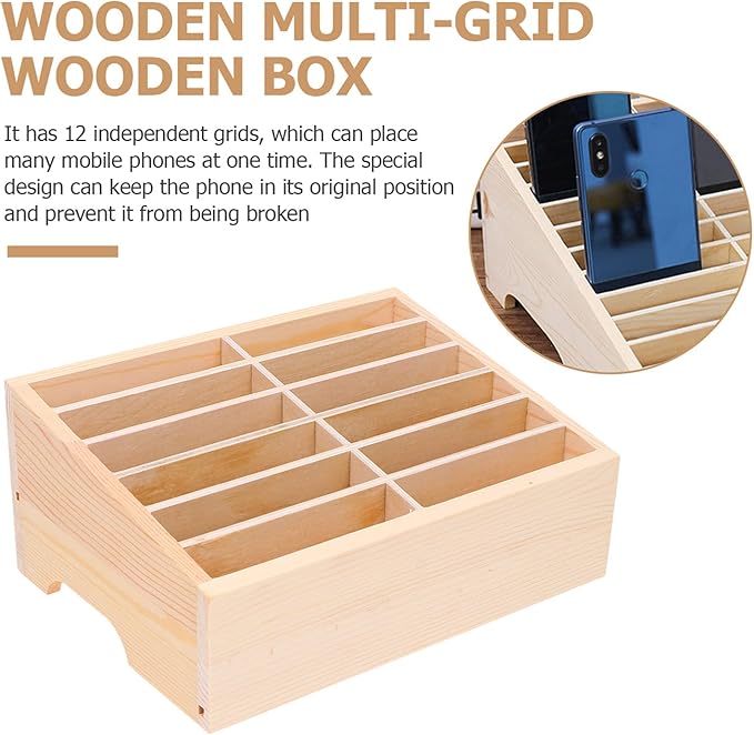 SEWACC Wooden Cell Phone Storage Box Holder Desktop Organizer 12 Grids Office Classroom Home Mobile Phone Storage Box