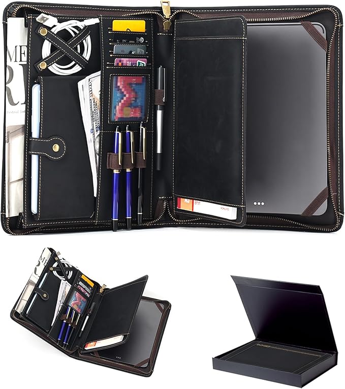 Leather Case for ipad Pro 11" Genuine Leather Smart Folio with Pencil Holder Zipper Pocket Multifunctional iPad case Compatible with iPad 11 /iPad 10.5/10.2 inch ipad/iPad 9.7 (Black)