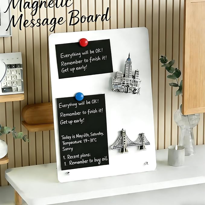 2 Pcs Magnetic Board, Black Magnet Message Board, 11"x7.8"Metal Magnetic Bulletin Board with 50pcs Memo Sheets and 8pcs Magnets, Magnet Display for Home, School, Kitchen, Office(Square,White)