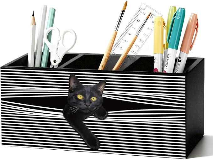 Funny Black Cat Pen Pencil Holder for Desk, Black Cat Mom Lady Lovers Gifts for Women, Pet Lover Gifts Wooden Box Sign Decorations for Home Office Desk Tabletop