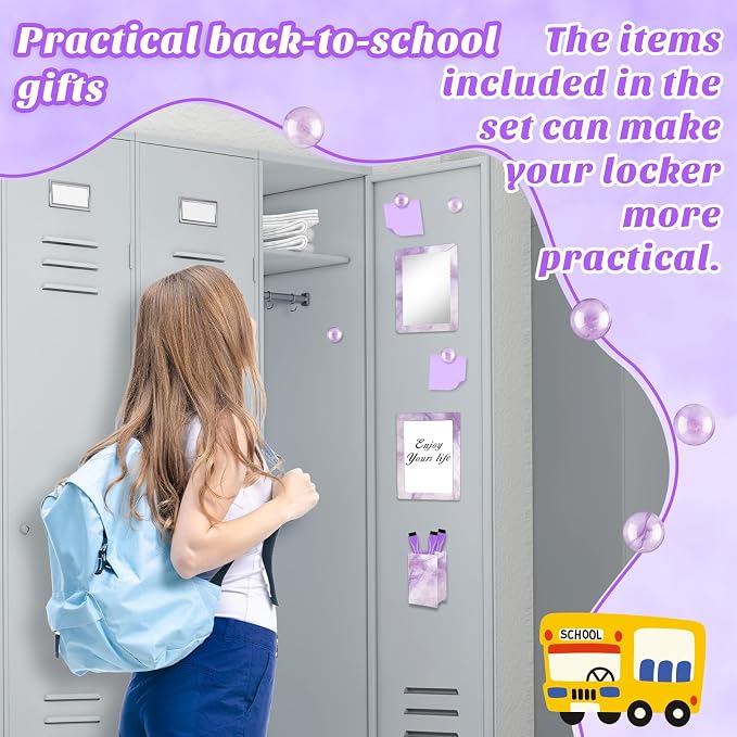 Denylo pro Magnetic Locker Marble Accessories Kit Purple Back to School Essentials Locker Organizer Supplies Include Mirror Whiteboard Pen with Holder Magnet Magnetic Buckle Back to School Essentials