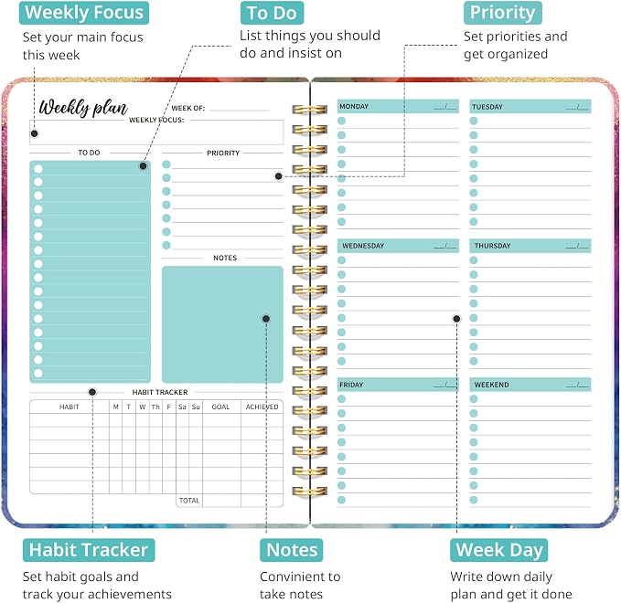 Taja Undated Weekly Planner, Weekly To Do List Notebook with Goal & Habit Tracker Organizer, A5 Weekly Planner Notebook with Spiral Binding, 6.1" x 8.2" - Color Splash