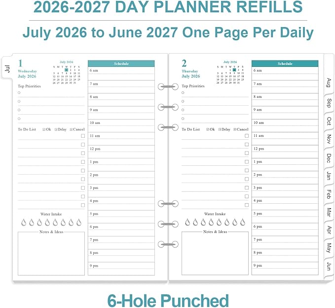 2026-2027 Planner Refills for A5 Binder - One Page Per Day Daily ＆ Monthly Planner, July 2026 - June 2027, Prioritized, To-Do List, Notes, Appointment Schedule, 6-Hole Punched, 5.8" x 8.3"