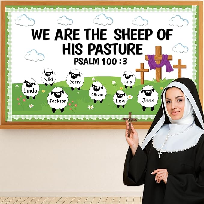 Christian Bulletin Board Set VBS 2026 Religious Jesus Classroom Decoration Sheep Bible Verse Paper Cutouts We are The Sheep of His Pasture Bulletin Board for Sunday School Church Chalkboard Wall Decor