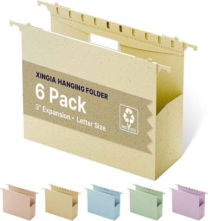 XINGIA Extra Capacity Letter Size File Folders Hanging with Tabs,3 Inch Expansion Plastic Hanging Folders for Filing Cabinet,6 Pack Wheat Straw Expandable File Folder Organizer for File Frame Box