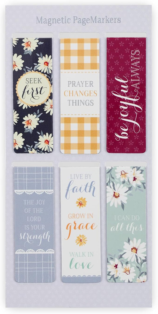 Christian Art Gifts Magnetic Scripture Bookmark Set for Women - Inspirational Beloved Scripture Favorites with Daisy Magnetic Bible Verse Pagemarker Set of 6 for Bibles and Books, Size 2.3” x 0.8”