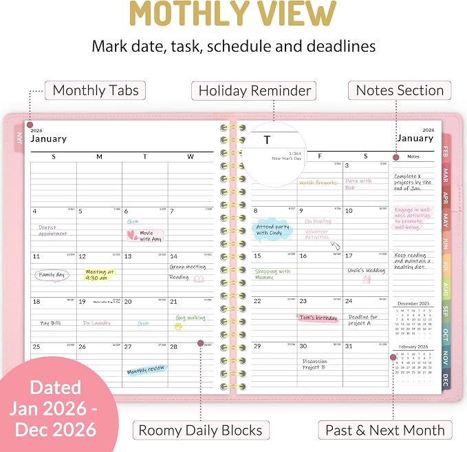 Forvencer 2026 Planner Weekly and Monthly, Jan 2026 -Dec 2026, Vegan Leather Cover Calendar Planner, 8.5" x 11" Agenda with Color Tabs, Inner Pocket, Spiral, 2026 Planner for Office School Supplies