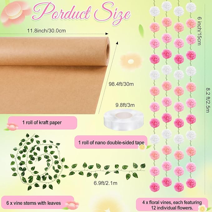 3D Tree for Classroom Room Wall Decor Classroom Tree Bulletin Board Set Artificial Flower Vine Garland DIY Kraft Craft for Spring Flower Plant Party Decoration Supplies