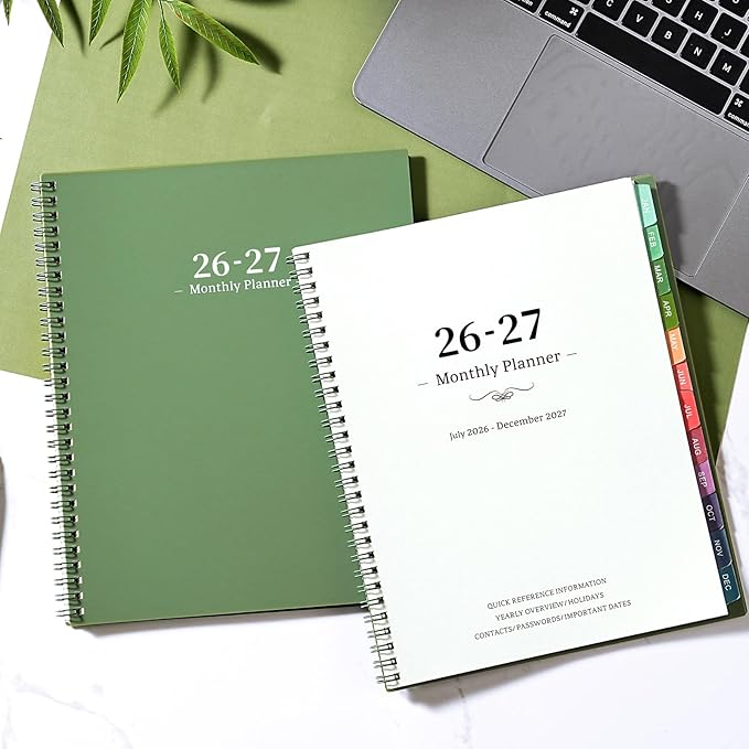 Planner 2026-2027 - 2026-2027 Monthly Planner, JUL 2026-DEC 2027, Monthly Planner/Calendar 2026-2027 with Colorful Tabs, 2026-2027 Calendar Planner for Daily Organizing - Waterproof Cover (8" x10", 12 Month Pages & Notes, Moss green)