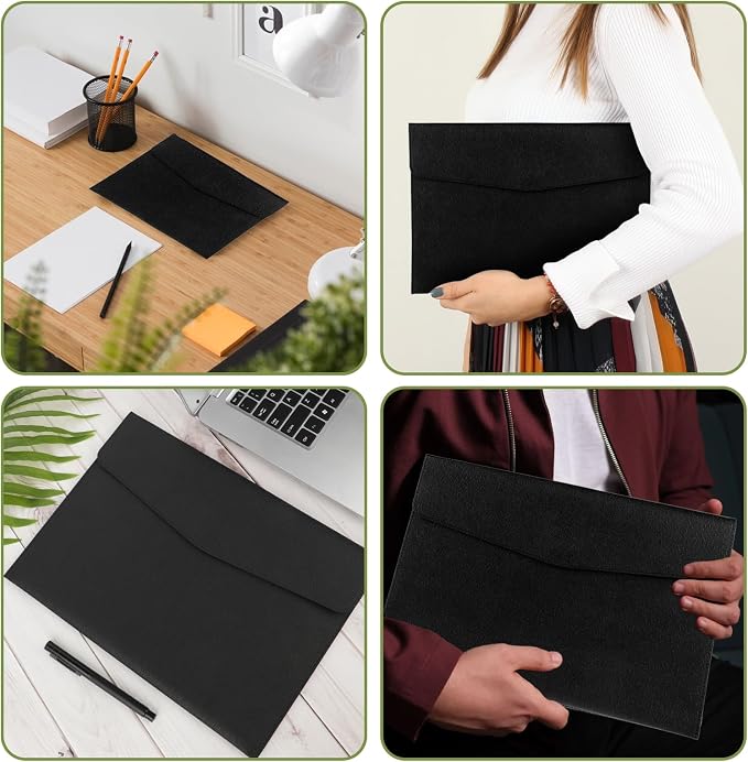 COMNICO Document File Folder, 1Pcs PU Leather A4 Envelope Folder Expanding File Organizer Waterproof Portfolio Black Storage Case with Invisible Magnetic Closure
