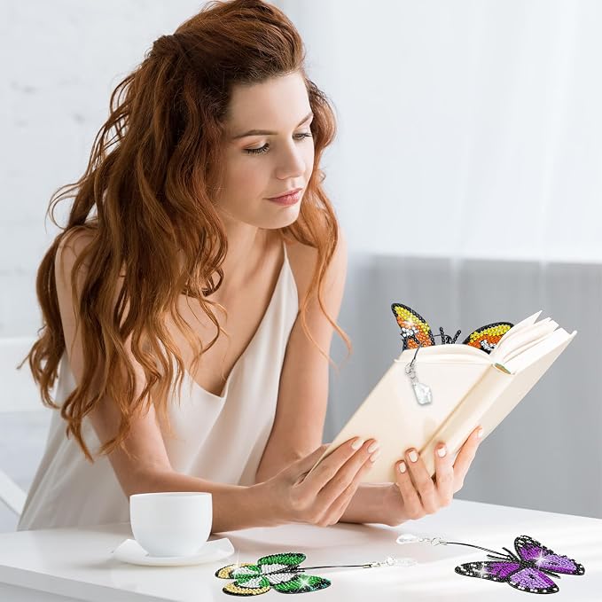 LINGFANG 8 Pcs Diamond Painting Bookmark, Diamond Art Kit for Adults, DIY Book Makers for Book Lovers, Diamond Dot Beginner, Small Diamond Art Kit, Paint by Art Crafts Gift for Women Girls (Butterfly)