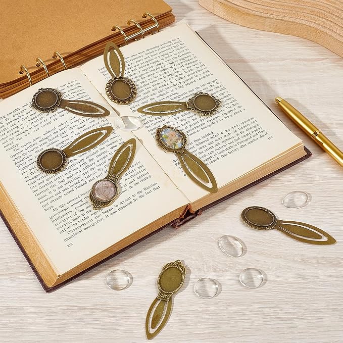 SUNNYCLUE 1 Box 16pcs 8styles Blank Metal Bookmarks Bulk Antique Bookmark Glass Cabochon Vintage Alloy Antique Bronze Books Reading Page Markers Kits for Women Birthday Party Gifts DIY Accessories