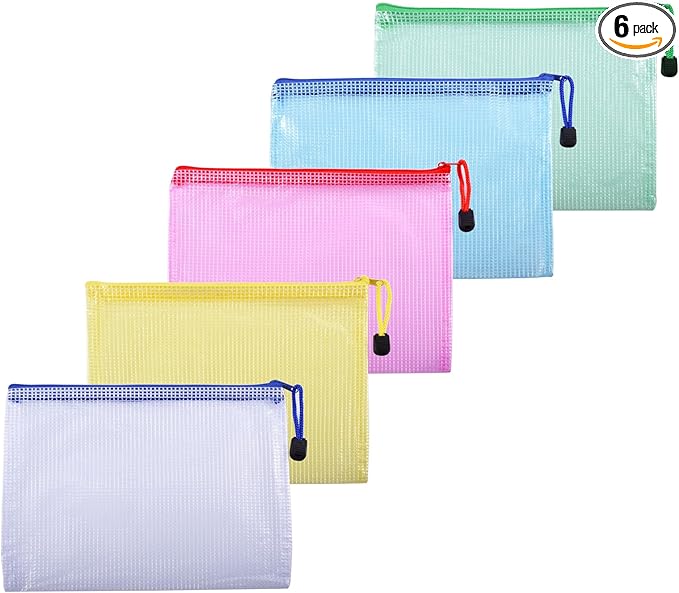 6 Pcs 4.72" x 6.3" A6 Sizes Mesh Zipper Pouch Bags, Mesh Bags with Zipper，Waterproof Clear Document Pouch for Organization Puzzles Travel, Office, Classroom Organization, A6 Multicolored