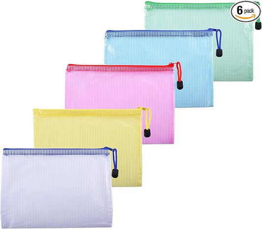 6 Pcs 4.72" x 6.3" A6 Sizes Mesh Zipper Pouch Bags, Mesh Bags with Zipper，Waterproof Clear Document Pouch for Organization Puzzles Travel, Office, Classroom Organization, A6 Multicolored