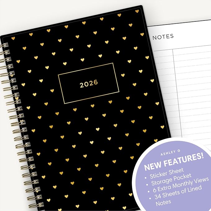 Blue Sky Ashley G 2026 Weekly and Monthly Planner Calendar, January 2026 - December 2026, 5.875" x 8.625", Flexible Cover, Durable Twin Wire Binding, Pocket & Extra Notes Pages, Sweetheart Black