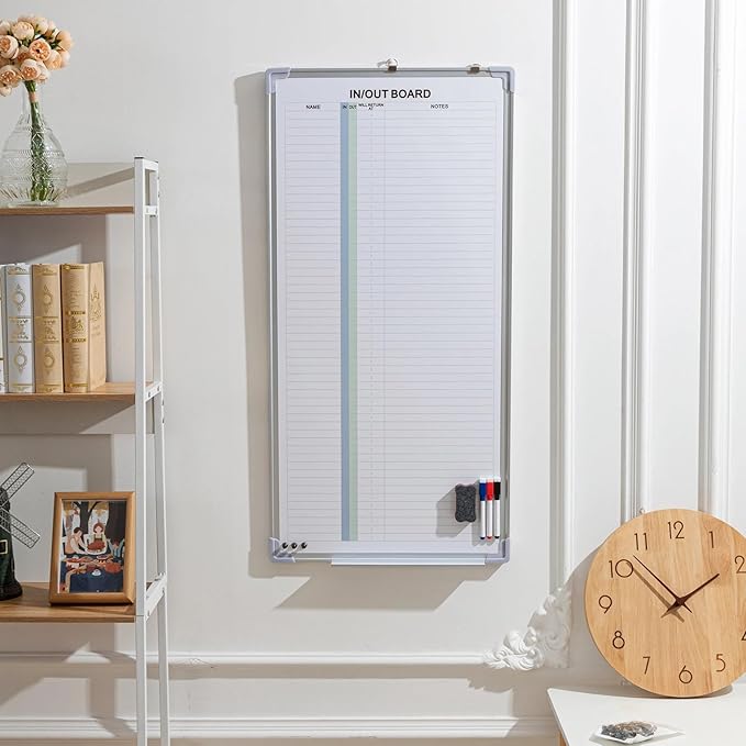 Lincia in and Out Magnetic Dry-Erase Board 36 x 18 Aluminum Framed White Board with Lines 53 Names with Magnetic Dry-Erase Marker, Eraser, and 55 Magnets Wall-Mounted for Office Employee