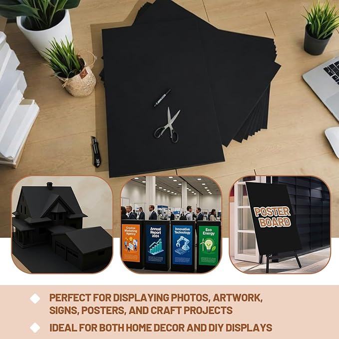 Pushglossy 25 Sheets 24 x 36 x 3/16" Self Adhesive Foam Board Black Self-Adhesive Tack Foam Boards Large Free Mounting Poster for Crafts Presentation Vision Board Signboard and Party Decorations