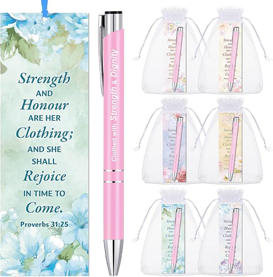 Dispowreath 24 Pcs/12 Sets She Is Clothed with Strength and Dignity Bookmark with Pen 12 Proverbs 31: 25 Bookmarks, 12 Inspirational Bible Verse Pen for Women Men Christian Gifts Church Party Supplies