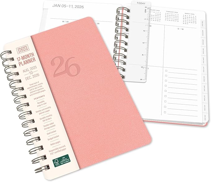 Orange Circle Studio Academic Planner 2026, Coral, Agatha Planners, 17-Month Spiral Planner for School or Work, Weekly & Monthly Calendar, Budget & Goal Tracker, Snap-In Bookmark, Storage Pocket