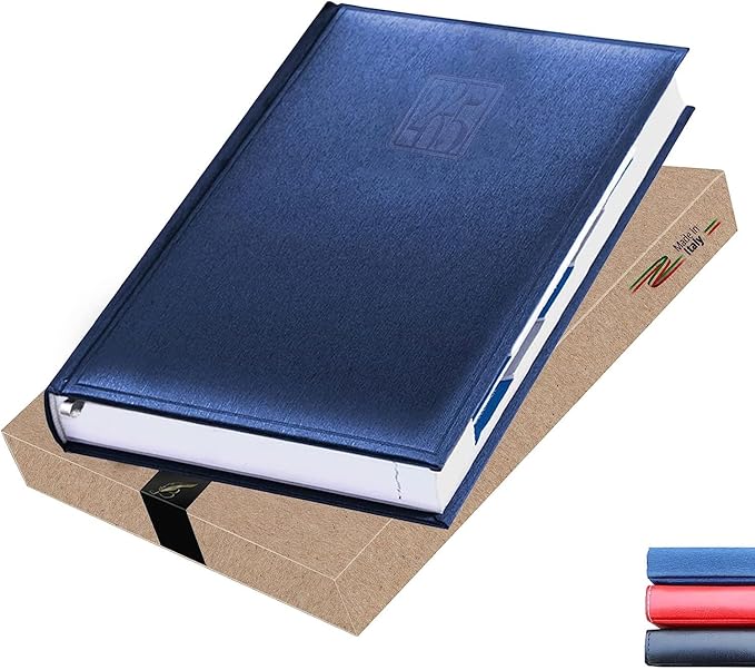 Leather Executive Daily Planner 2026 – A5-Compatible (8.3 x 5.9 in), One Page per Day Hourly Business Agenda, 416 Pages, Monthly Tabs, Hardcover – Made in Italy (BLUE 2025)