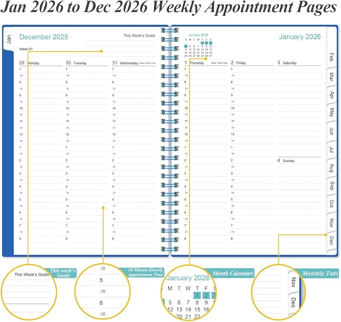 2026 Appointment Book & Planner - A5 Daily Hourly Planner from January 2026 - December 2026, Weekly Appointment Book with 30-Minute Interval, Medium 6.4" x 8.5", Blue