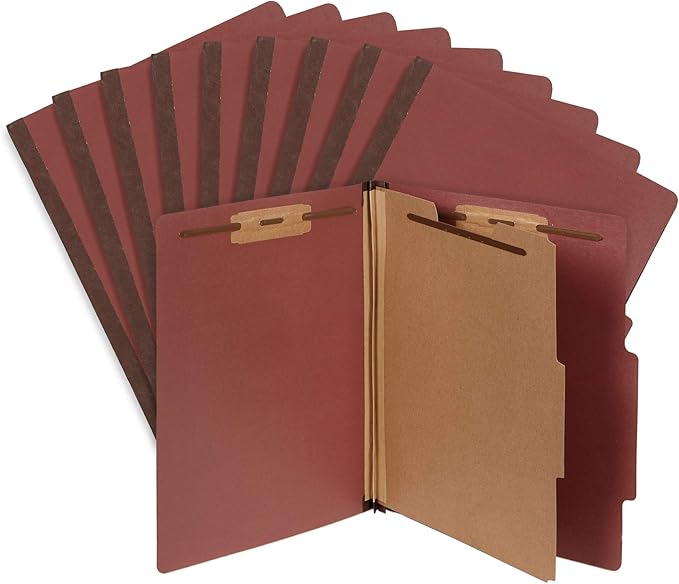 10 Letter Size Red Classification Folders - 1 Divider - 2 Inch Tyvek Expansions - Durable 2 Prongs Designed to Organize Standard Medical Files, Office Reports - Letter Size, Red Brick Color, 10 Pack