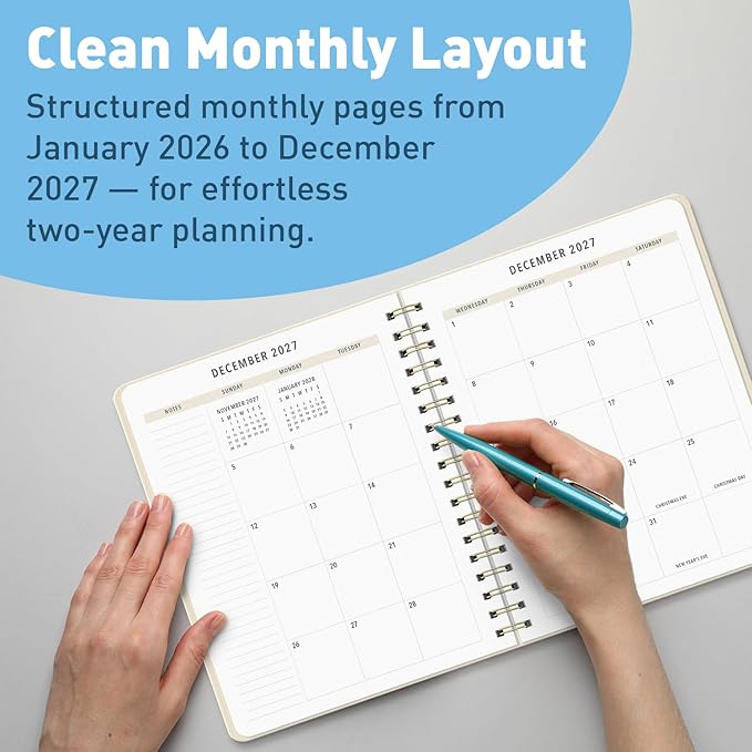 Sweetzer & Orange 2026-2027 Monthly Planner Notebook – 7.5" x 9.5" Two-Year Calendar Planner – January 2026 to December 2027 – Clean Monthly Layout, Sturdy 120gsm Paper, Gold Spiral Binding