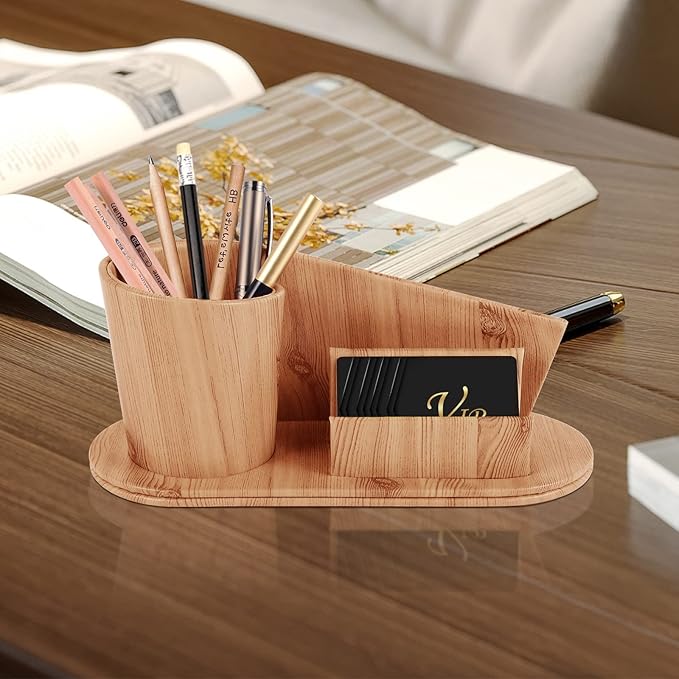 Fashion PU Leather Pen Holder Office Supplies Desk Organizer Storage Box,Desktop Caddy Organizers & Business Cards Holder,Pencil Holders(Apricot Faux Leather)