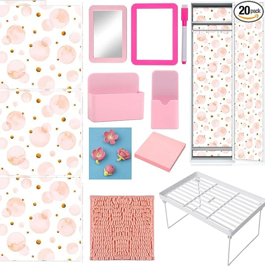 20 Pcs Locker Accessories, Locker Organizer with Shelf Magnetic Wallpaper Mirror Pen Holder Rug Whiteboard Dry Erase Marker Pink Flower Magnets Hooks for Office Back to School Supplies